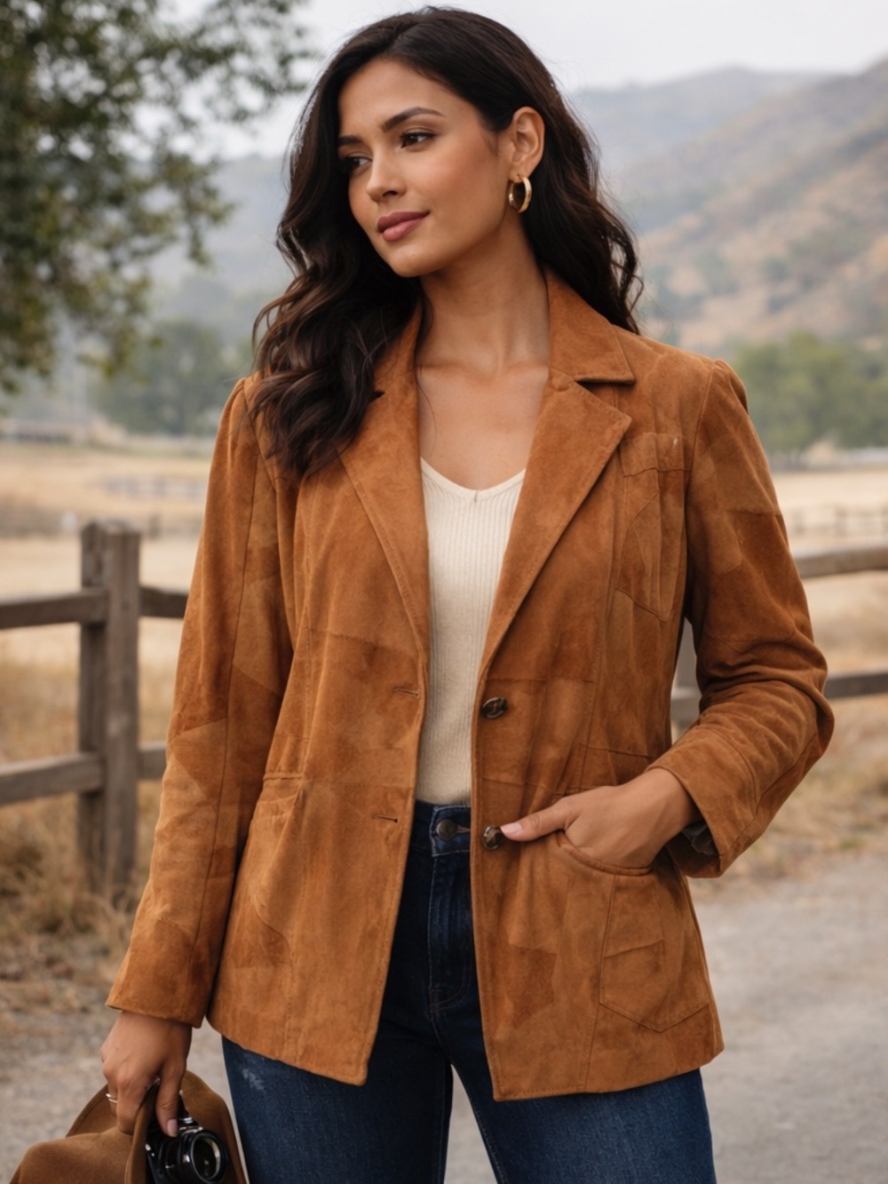 American Flirt Women’s Tan Suede Western Patchwork Leather Blazer Jacket